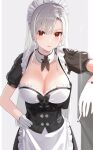  1girl apron bangs black_dress blush breasts cigarette cleavage dress highres kfr large_breasts long_hair looking_at_viewer maid_headdress original puffy_short_sleeves puffy_sleeves red_eyes short_sleeves silver_hair solo waist_apron white_apron 