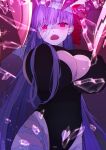  1girl absurdres app_filter bandage_over_one_eye bare_shoulders black_leotard blush breasts broken_glass claw_(weapon) claws cleavage cleavage_cutout clothing_cutout fate/extra fate/extra_ccc fate/grand_order fate_(series) glass glass_shards hair_ribbon highleg highleg_leotard highres huge_breasts kake_udon leotard long_hair looking_at_viewer open_mouth passionlip_(fate) pink_eyes pink_ribbon purple_hair ribbon shards shattered solo very_long_hair weapon 