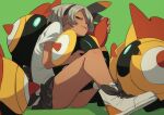  1girl bea_(pokemon) black_hairband black_skirt closed_mouth dark-skinned_female dark_skin falinks fu-ta green_background grey_hair hairband highres legs looking_at_viewer panties pantyshot parted_lips pokemon pokemon_(creature) pokemon_(game) pokemon_swsh shirt shoes short_hair short_sleeves simple_background sitting skirt smile striped striped_panties thighs underwear white_footwear white_shirt 