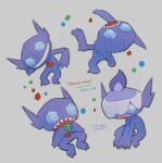  commentary_request eating grey_background hatted_pokemon head_back holding kikuyoshi_(tracco) litwick looking_at_viewer multiple_views no_humans open_mouth pokemon pokemon_(creature) sableye sharp_teeth signature smile standing teeth toes 