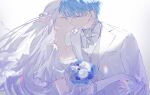  1boy 1girl absurdres blue_flower blue_rose bouquet braid bride byuey couple dress earrings elf facing_another flat_chest floating_hair flower french_braid frieren gloves grey_hair grey_necktie grey_vest groom half_updo hand_up hetero highres himmel_(sousou_no_frieren) holding holding_bouquet jacket jewelry kiss kissing_cheek mole mole_under_eye necktie outstretched_arm pointy_ears reaching rose shirt simple_background smile sousou_no_frieren suit upper_body veil vest wedding wedding_dress white_background white_dress white_flower white_gloves white_hair white_jacket white_rose white_shirt white_suit wing_collar 