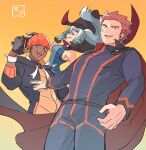  1girl 2boys blue_bodysuit blue_eyes blue_gloves blue_hair bodysuit cape clair_(pokemon) dark-skinned_male dark_skin dynamax_band gloves gradient_background hood hoodie lance_(pokemon) looking_at_viewer multiple_boys open_mouth pokemon pokemon_hgss pokemon_swsh ponytail raihan_(pokemon) red_hair smile ten_(amakara_tenten) 