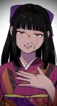  1girl absurdres blood blood_on_face blood_on_hands blunt_bangs bow brown_eyes commentary crying crying_with_eyes_open empty_eyes furrowed_brow gegege_no_kitarou hair_bow half_updo hand_on_own_chest head_tilt highres hime_cut japanese_clothes kimono kitarou_tanjou:_gegege_no_nazo long_hair looking_at_viewer midori_(rgonkr) mole mole_under_eye obi open_mouth pink_kimono print_kimono purple_bow ryuuga_sayo sanpaku sash sidelocks simple_background single_tear smile solo tears upper_body vignetting white_background yagasuri 