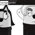 1:1 album_cover annoyed anthro black_and_white bluey_(series) canid canine canis clothing cover domestic_dog duo hi_res male mammal monochrome parody savage_garden simple_background sweater the-alfie-incorporated topwear turtleneck