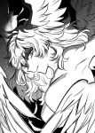  1other akiyama_enma androgynous angel_wings armpits breasts devilman devilman_crybaby eyelashes feathered_wings feathers greyscale head_wings light_smile long_hair looking_at_viewer male_focus male_with_breasts monochrome multiple_wings no_nipples nude satan_(devilman) shaded_face sideburns solo wavy_hair wings 