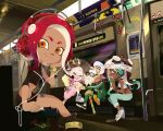  1boy 3girls beard cap&#039;n_cuttlefish cha_kuro_(limo) crown dark-skinned_female dark_skin facial_hair glasses graffiti green_jacket green_pants headphones holding holding_microphone jacket marina_(splatoon) microphone midriff multiple_girls music navel octoling octoling_girl orange_eyes pants pearl_(splatoon) pointy_ears red_hair shirt signature singing sitting smile splatoon_(series) splatoon_2 tentacle_hair train_interior white_facial_hair white_footwear white_shirt 