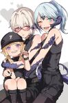  3girls au_ra bare_shoulders baseball_cap black_pants black_shirt black_shorts blonde_hair blue_eyes blue_hair breasts brown_hair cho_kuuki closed_mouth downcast_eyes dragon_horns dragon_tail final_fantasy final_fantasy_xiv glasses hair_between_eyes hat heart highres horns hug lalafell lips long_bangs looking_at_viewer multiple_girls nail_polish one_eye_closed open_mouth pants pink_eyes pointy_ears ponytail purple_eyes red-framed_eyewear scales shirt shorts sitting sitting_on_lap sitting_on_person small_breasts smile tail teeth 