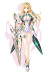 1girl absurdres aegis_sword_(xenoblade) bangs bare_legs bare_shoulders blonde_hair breasts chest_jewel cleavage cleavage_cutout clothing_cutout dress earrings elbow_gloves gloves highres jewelry large_breasts long_hair mythra_(xenoblade) short_dress solo swept_bangs thigh_strap tiara very_long_hair white_dress white_footwear white_gloves xenoblade_chronicles_(series) xenoblade_chronicles_2 yakkey yellow_eyes 