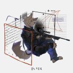  1boy abstract_background animal_hands black_claws black_eyes english_text furry furry_male gun highres holding holding_gun holding_weapon itooku looking_to_the_side military_uniform original rifle sitting sniper_rifle uniform weapon white_background white_fur wolf_boy 