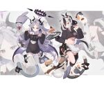  2girls alternate_costume apron black_dress black_hair blue_archive cat commentary_request demon_girl demon_horns demon_wings dress enmaided forehead hair_between_eyes halo highres hina_(blue_archive) horns kayoko_(blue_archive) long_hair long_sleeves looking_at_viewer maid maid_apron maid_headdress mary_janes multicolored_hair multiple_girls navel okurahokori parted_bangs parted_lips paw_pose ponytail purple_eyes red_eyes shoes sidelocks simple_background single_wing stomach thighhighs two-tone_hair wavy_hair white_hair white_thighhighs wings zettai_ryouiki zoom_layer 