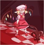  1girl ascot blonde_hair blood blood_on_arm blood_on_clothes blood_on_hands blood_on_leg blood_on_shoes bobby_socks burgivore checkered_floor closed_mouth collared_shirt crystal fang fang_out flandre_scarlet frilled_shirt_collar frills full_body hat hat_ribbon holding holding_polearm holding_weapon laevatein_(touhou) large_ears mary_janes medium_hair mob_cap multicolored_wings pigeon-toed pointy_ears polearm puffy_short_sleeves puffy_sleeves red_background red_eyes red_footwear red_ribbon red_skirt red_theme red_vest ribbon shirt shoes short_sleeves skirt skirt_set socks solo standing touhou vest weapon white_headwear white_shirt white_socks wings yellow_ascot 