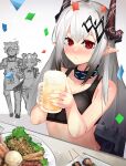  1boy 2girls absurdres alcohol ao_oni_(onioni-aoi) arknights bangs bare_arms bare_shoulders beer beer_mug black_choker blush choker commentary_request confetti crop_top cup food gummy_(arknights) hands_up highres holding holding_cup horns infection_monitor_(arknights) jaye_(arknights) kebab long_hair looking_at_viewer midriff mudrock_(arknights) mug multiple_girls nose_blush parted_lips pointy_ears red_eyes silver_hair sports_bra spring_roll stomach upper_body 