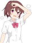  1girl blush bow bowtie breasts brown_hair commentary_request dress_shirt hair_between_eyes hand_on_own_head highres hot isekai_yuusha_mizuki kimura_matsuri motion_lines open_mouth original ponytail purple_eyes red_bow red_bowtie shirt short_sleeves sidelocks simple_background small_breasts solo sweat white_background white_shirt 