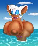 anthro areola bedroom_eyes big_breasts big_butt breasts brown_body butt choker ear_piercing ear_ring female half-closed_eyes hi_res huge_breasts jewelry long_nails narrowed_eyes necklace nipples open_mouth piercing raki_boi ring_piercing rouge_the_bat sea seductive sega short_stack solo sonic_the_hedgehog_(series) tanned tanned_skin thick_thighs water