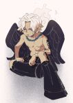  1boy absurdres aged_down black_wings boots dark-skinned_male dark_skin ezui fire freckles highres jewelry male_focus necklace one_piece portgas_d._ace seraphim_(one_piece) simple_background solo star-shaped_pupils star_(symbol) symbol-shaped_pupils tattoo topless_male white_hair wings 