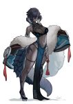  1girl au_ra black_hair black_panties black_skin blue_eyes breasts colored_skin detached_sleeves dragon_horns dragon_tail feather_boa feather_hair_ornament feathers final_fantasy final_fantasy_xiv hair_ornament high_heels highleg highleg_panties highres horns large_breasts looking_at_viewer navel panties pelvic_curtain revealing_clothes scales short_hair solo tail udongo99 underwear warrior_of_light_(ff14) white_background 
