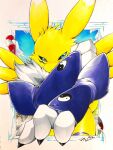 ambiguous_gender anthro aoguma armwear bandai_namco black_sclera blue_eyes claws clothed clothing day detailed_background digimon digimon_(species) dipstick_ears fur hi_res multicolored_ears renamon sky solo traditional_media_(artwork) tuft white_body white_fur yellow_body yellow_fur
