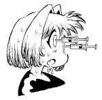  15ooo 1girl bags_under_eyes bob_cut cropped_shoulders drooling empty_eyes eye_injury fang from_side furrowed_brow greyscale hair_intakes highres looking_ahead monochrome nervous_sweating open_mouth original shirt short_hair simple_background solo stab sweat syringe wide-eyed 