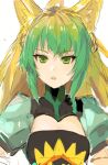  1girl ahoge animal_ears atalanta_(fate) blonde_hair cleavage_cutout clothing_cutout dress fate/apocrypha fate/grand_order fate_(series) gradient_hair green_dress green_eyes green_hair looking_at_viewer maido_mido multicolored_hair parted_lips simple_background sketch solo teeth upper_body upper_teeth_only white_background 
