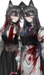  2girls absurdres alternate_costume animal_ear_fluff animal_ears apron arknights black_dress black_hair black_vest blood blood_on_clothes blood_on_face blue_necktie breasts chinese_commentary collared_shirt colored_inner_hair commentary_request cowboy_shot dress dual_persona glaring half-closed_eyes highres holding jsjdndhidnshssj long_sleeves looking_at_viewer looking_down medium_breasts multicolored_hair multiple_girls necktie object_request red_hair red_necktie shirt simple_background texas_(arknights) texas_the_omertosa_(arknights) vest waist_apron white_apron white_background white_shirt wolf_ears wolf_girl yellow_eyes 