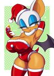 absurd_res anthro armwear bat breasts christmas christmas_clothing christmas_headwear cleavage clothed clothing elbow_gloves eyeshadow female fur gloves handwear hat headgear headwear hi_res holidays legwear leotard makeup mammal mekaatomic narrowed_eyes rouge_the_bat santa_hat sega simple_background smile solo sonic_the_hedgehog_(series) tan_body tan_skin white_body white_fur wings