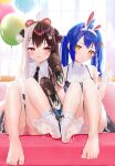  2girls ahoge amamiya_kokoro animal_ears balloon barefoot bear_ears black_necktie blue_hair blue_nails blurry blurry_background blush brown_footwear brown_hair collared_shirt couch crossed_bangs cum cum_in_footwear cum_on_body cum_on_clothes cum_on_feet cumdrip double-parted_bangs eyelashes fake_animal_ears feet full_body grey_hair grey_skirt hair_ornament hands_up highres holding holding_shoes knees_together_feet_apart knees_up kou_futoshi legs loafers long_hair looking_at_viewer miniskirt multicolored_hair multiple_girls nail_polish necktie nijisanji no_shoes on_couch open_mouth paid_reward_available panties partially_visible_vulva pink_hair pink_nails pink_panties plaid plaid_skirt rabbit_ears red_eyes shirt shoes single_sock sitting skirt socks soles spread_toes streaked_hair thighs toenail_polish toenails toes torn_clothes torn_socks twintails two-tone_hair two_side_up underwear unworn_shoes unworn_socks virtual_youtuber white_shirt white_socks window x_hair_ornament yellow_eyes yorumi_rena 