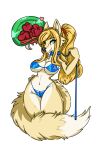 &lt;3 anthro bikini blonde_hair blush bound camel_toe canid canine clothed clothing collar female floating_heart fluffy fluffy_tail fox fox_samus_aran fur hair hi_res invalid_tag kitsuahri leash mammal metroid navel nintendo nipples ponytail samus_aran skimpy smile swimwear tail yellow_body yellow_fur