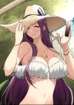  1girl adjusting_clothes adjusting_headwear breasts cellphone cleavage day hat highres holding holding_phone imaizumin-chi_wa_douyara_gal_no_tamariba_ni_natteru_rashii jewelry large_breasts long_hair necklace nori_gorou outdoors phone pink_nails purple_eyes purple_hair sasaki_yukina smartphone smile solo standing sun_hat swimsuit teeth upper_body 