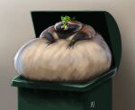 2023 anthro belly big_belly fur hand_on_stomach ian-exe ian_(ian-exe) male mammal morbidly_obese morbidly_obese_anthro morbidly_obese_male mouth_closed nude obese obese_anthro obese_male overweight overweight_anthro overweight_male procyonid raccoon signature solo stuck trash_can