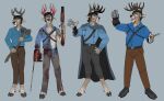 absurd_res amputee anthro antlers ash_williams black_hair blood blue_background blue_clothing blue_topwear bodily_fluids bottomwear brown_antlers brown_body brown_bottomwear brown_clothing brown_pants clothed clothing deer disability evil_dead front_view grey_cape hair hand_on_hip hi_res holding_axe horn imperatorcaesar male mammal mouth_closed open_mouth pants red_antlers short_hair simple_background solo standing tan_body topwear torn_clothing torn_topwear