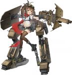  1girl ahoge ash_arms bandaid bandaid_on_face bandaid_on_nose bison_(ash_arms) blush boots breasts brown_hair cannon fang full_body gloves goggles goggles_on_head hair_between_eyes hair_ornament mecha_musume midriff navel official_art open_mouth ponytail scarf small_breasts solo thighhighs transparent_background 