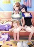 3girls absurdres asaka_karin bedroom black_hair blush braid breasts brown_hair closed_eyes commentary couch emma_verde eyelashes head_on_another&#039;s_shoulder highres indoors konoe_kanata lap_pillow large_breasts love_live! love_live!_nijigasaki_high_school_idol_club mia_(fai1510) multiple_girls on_couch parted_lips shorts sitting sleeping thighs twin_braids twintails 