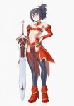  1girl absurdres black_hair black_leggings bleach boots breasts cosplay fate/apocrypha fate_(series) full_body grin hair_between_eyes hair_ornament hair_scrunchie high_heel_boots high_heels highres holding holding_sword holding_weapon kuchiki_rukia leggings mordred_(fate) mordred_(fate/apocrypha) mordred_(fate/apocrypha)_(cosplay) navel pelvic_curtain purple_eyes red_footwear red_scrunchie red_sleeves scrunchie simple_background small_breasts smile solo standing strapless sword teeth tube_top waligner weapon white_background 