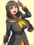  1girl :d bangs black_hair blunt_bangs blunt_ends breasts collarbone eyebrows_visible_through_hair highres large_breasts long_hair long_sleeves low-tied_long_hair maki_yoshitake neckerchief open_mouth original sailor_collar salute smile solo yellow_eyes yellow_neckerchief 