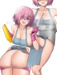  1girl absurdres apron ass ass_support bangs bare_shoulders breasts cleavage commentary_request fate/grand_order fate_(series) gloves hair_over_one_eye highres katsuragi_nantoka large_breasts light_purple_hair looking_at_viewer mash_kyrielight multiple_views naked_apron pink_gloves purple_eyes revision short_hair 