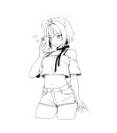  1girl animal_ears arm_at_side bear_ears bob_cut cellphone choker commentary contrapposto cowboy_shot cropped_legs cropped_shirt greyscale hand_up highres holding holding_phone indie_virtual_youtuber midriff monochrome navel niamocha off-shoulder_shirt off_shoulder parted_lips phone selfie shirt short_hair short_shorts short_sleeves shorts simple_background siun smartphone solo standing white_background 