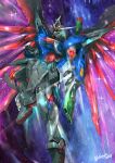 commentary denjyou23 destiny_gundam_spec_ii energy_wings green_eyes gundam gundam_seed gundam_seed_freedom highres light_particles mecha mobile_suit no_humans robot science_fiction signature solo sparkle v-fin 