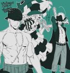  1girl 2boys abs bandana bare_shoulders belt blunt_bangs braid breasts coat commentary_request cross_pendant dracule_mihawk dress earrings facial_hair frilled_dress frills green_background haramaki hat hat_feather holding holding_sword holding_weapon jewelry kumacy long_hair long_sleeves looking_at_another multiple_boys muscular muscular_male mustache navel nipples nno_(nocturnal_blue) one_piece open_clothes open_coat open_mouth pants pectorals perona roronoa_zoro scar scar_on_chest simple_background sleeveless sleeveless_dress stuffed_toy sweatdrop sword top_hat topless_male translation_request umbrella weapon 