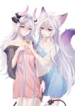  2girls absurdres animal_ear_fluff animal_ears antenna_hair breasts chinese_clothes collarbone commentary_request extra_ears food fox_ears fox_girl fox_tail grey_hair hair_intakes hanfu highres holding holding_food horns kirby_d_a large_tail md5_mismatch multiple_girls original pink_hair pointy_ears purple_eyes simple_background tail thigh_gap translucent white_hair 