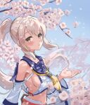  1girl absurdres ascot ayanami_(azur_lane) azur_lane bangs belt blurry blush branch cherry_blossoms choker collarbone commentary_request depth_of_field detached_sleeves eyebrows_visible_through_hair from_side hair_between_eyes hair_ornament hairclip highres long_hair long_sleeves looking_at_viewer looking_to_the_side midriff navel ojisan_kamo_shiremasen petals ponytail retrofit_(azur_lane) ribbon-trimmed_sleeves ribbon_trim school_uniform serafuku sidelocks silver_hair smile solo wide_sleeves wind yellow_eyes 