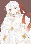  1girl bangle bracelet breasts closed_mouth durga_(fate) earrings fate/grand_order fate_(series) highres jewelry large_breasts long_hair looking_at_viewer red_eyes red_ribbon ribbon signature simple_background snake white_hair white_snake yu_ouz 