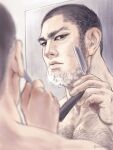  1boy bara beard black_hair buzz_cut chest_hair face facial_hair golden_kamuy holding long_sideburns male_focus mature_male mirror mirror_image muscular muscular_male nopinzo nude pectorals reflection scar scar_on_cheek scar_on_face shaving shaving_cream short_hair sideburns solo tanigaki_genjirou thick_eyebrows upper_body very_short_hair 