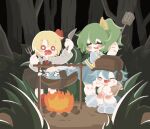  3girls animated animated_gif ascot black_skirt black_vest blonde_hair blue_skirt blue_vest bow brown_headwear campfire cirno cirno_(cookie) closed_eyes collared_shirt commentary_request cookie_(touhou) cooking daiyousei diyusi_(cookie) fire forest fork full_body green_hair hair_between_eyes hair_bow hair_ribbon hat headset highres holding holding_fork holding_knife knife long_bangs long_sleeves looping_animation meat_tenderizer medium_bangs multiple_girls nadeko_(cookie) nature open_mouth red_ascot red_eyes red_ribbon ribbon rotisserie rumia saneru shirt short_hair side_ponytail skirt skirt_set smile squatting standing sukusuku_hakutaku touhou vest white_eyes white_shirt yellow_ascot yellow_bow 