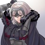  1girl akio_(akio1124) armor armored_dress black_dress breasts chain collar dress fate/grand_order fate_(series) gauntlets grey_hair headpiece highres jeanne_d&#039;arc_alter_(avenger)_(fate) jeanne_d&#039;arc_alter_(fate) large_breasts looking_at_viewer metal_collar short_hair solo yellow_eyes 