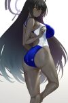 1girl absurdres ass black_hair blue_archive blush breasts dark-skinned_female dark_skin dripping halo highres karin_(blue_archive) large_breasts long_hair looking_at_viewer looking_back simple_background swimsuit taiyou-n wet yellow_eyes 
