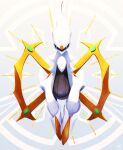  arceus colored_sclera colored_skin commentary ewokakukaede gradient_background green_sclera grey_background highres horns no_humans pokemon pokemon_(creature) red_eyes simple_background white_skin 