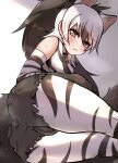  1girl aardwolf_(kemono_friends) aardwolf_ears aardwolf_print aardwolf_tail akaisuto animal_ears ass bangs bare_shoulders black_hair blush closed_mouth crotch crotch_seam cutoffs elbow_gloves elbow_rest extra_ears eyebrows_visible_through_hair gloves hair_between_eyes highres kemono_friends legwear_under_shorts long_hair looking_at_viewer lying multicolored_hair necktie on_side pantyhose print_gloves print_legwear print_shirt seductive_smile shirt short_shorts shorts sidelocks sleeveless sleeveless_shirt smile solo sweat tail thighs two-tone_hair very_long_hair white_hair yellow_eyes 
