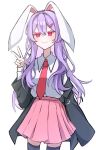  1girl animal_ears black_jacket hair_ornament hairclip jacket long_hair looking_at_viewer necktie open_clothes open_jacket pink_skirt purple_hair rabbit_ears rabbit_girl red_eyes red_necktie reisen_udongein_inaba shirt simple_background skirt solo thighhighs touhou v white_background white_shirt yuki6220821 