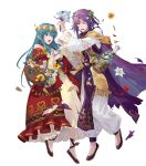  1boy 1girl aqua_hair basket bottle breasts cape chalice circlet cup damaged dress eirika_(fire_emblem) eirika_(valentine)_(fire_emblem) fire_emblem fire_emblem:_the_sacred_stones fire_emblem_heroes flower_wreath head_wreath highres holding holding_basket holding_bottle juliet_sleeves long_sleeves lyon_(fire_emblem) lyon_(valentine)_(fire_emblem) medium_breasts medium_hair non-web_source official_alternate_costume official_art puffy_sleeves purple_cape purple_hair purple_robe red_dress robe short_hair torn_cape torn_clothes wine_bottle 