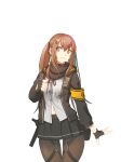  1girl :3 armband bangs black_jacket brown_eyes brown_hair closed_mouth fingerless_gloves girls&#039;_frontline gloves gun h&amp;k_ump9 hair_between_eyes hair_ornament holding holding_gun holding_weapon hood hood_down hooded_jacket jacket looking_at_viewer navel open_clothes open_jacket open_shirt scar scar_across_eye simple_background solo tab_(tabkun) twintails ump9_(girls&#039;_frontline) weapon white_background 